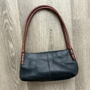 Y2K Fossil Black Leather Shoulder Bag Braided Handle Vintage Purse Pebbled EUC